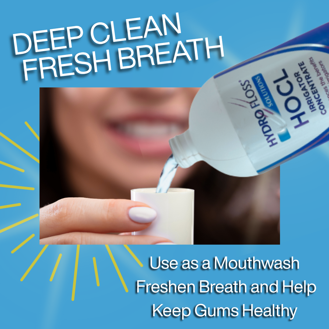 Hydro Floss Solutions HOCL Irrigator Concentrate being poured into a container with text promoting its use as a mouthwash. available at hydrofloss.com