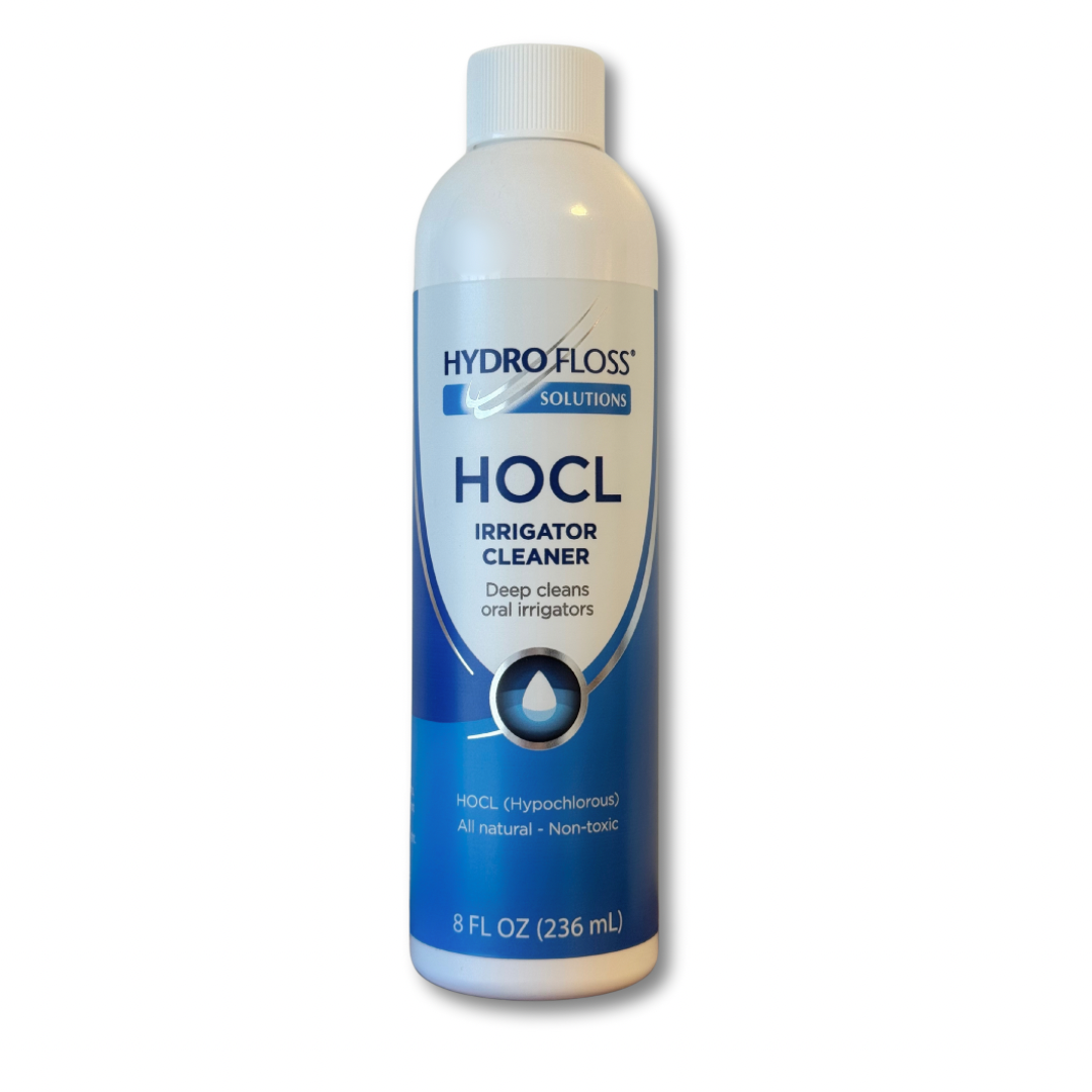 Bottle of Hydro Floss Solutions HOCL Irrigator Cleaner 8 oz. available at hydrofloss.com