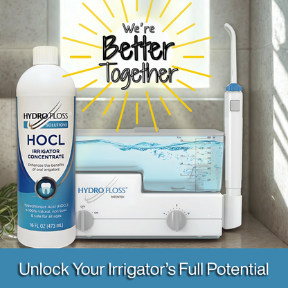 Hydro Floss Oral Irrigator and 16 oz bottle of Hydro Floss Solutions HOCL Irrigator Concentrate with 'We're Better Together' text on a bathroom shelf. available at hydrofloss.com