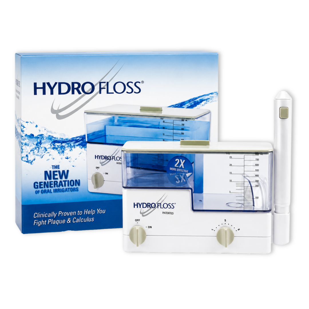 Hydro Floss dental device with packaging on a white background