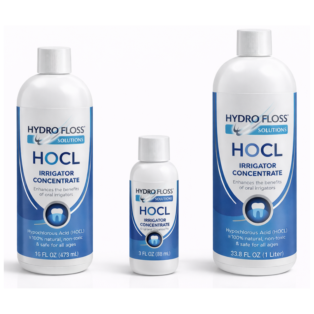 Three bottles of Hydro Floss HOCL Irrigator Concentrate on a white background