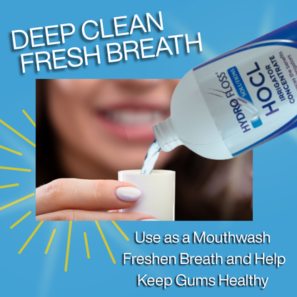 Hydro Floss Solutions HOCL Irrigator Concentrate being poured into a container with text promoting its use as a mouthwash. available at hydrofloss.com