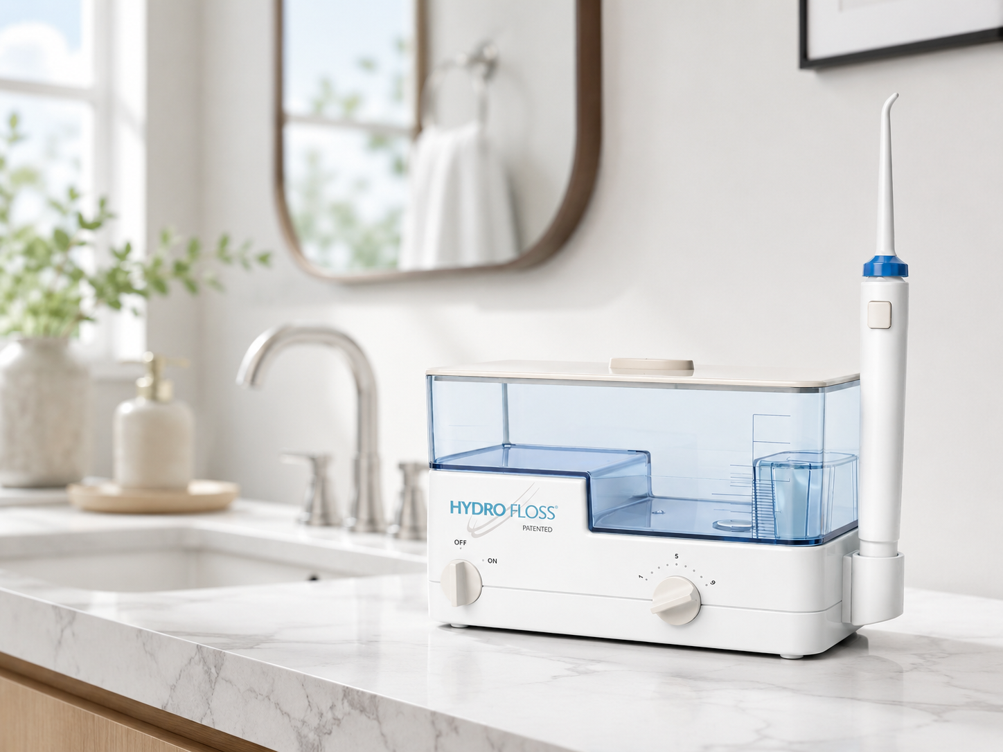 Hydro Floss dental device on a bathroom counter with a mirror and sink in the background.
