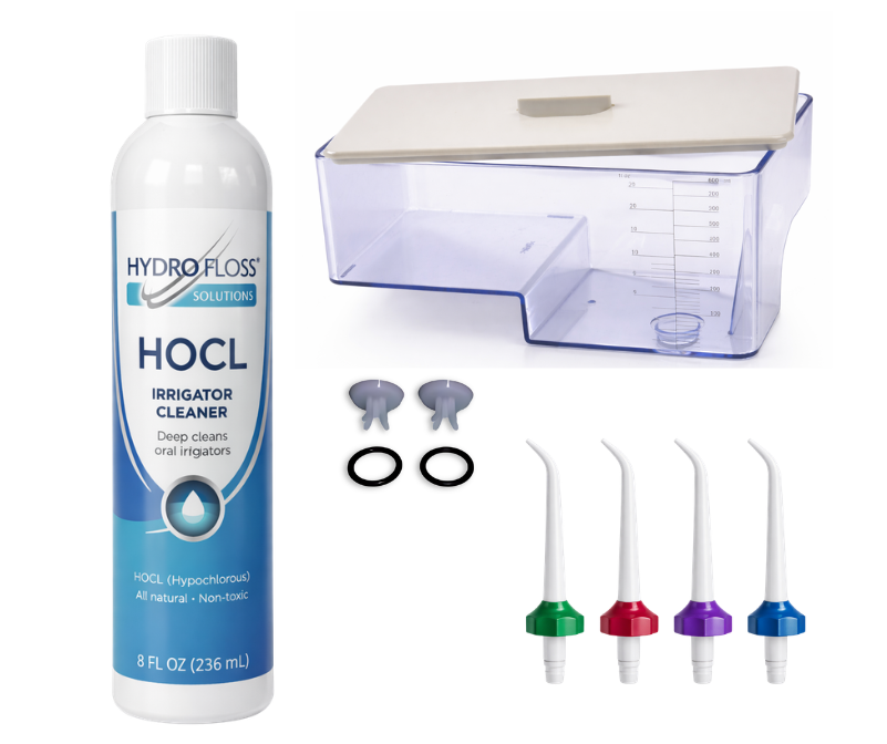Hydro Floss Solutions HOCL Irrigator Cleaner with accessories on a white background