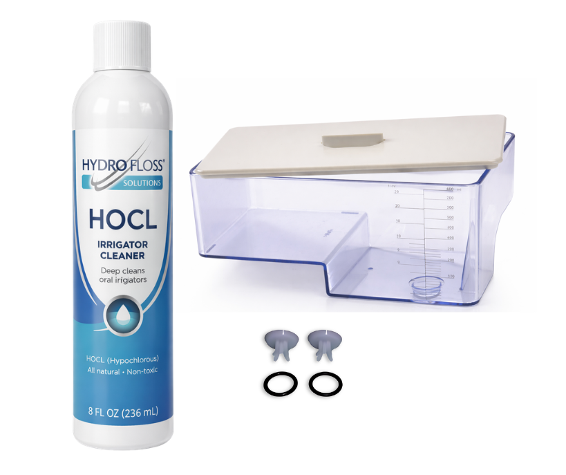 Hydro Floss HOCL Irrigator Cleaner,  reservoir with lid, two reservoir plugs and two reservoir orings on a white background