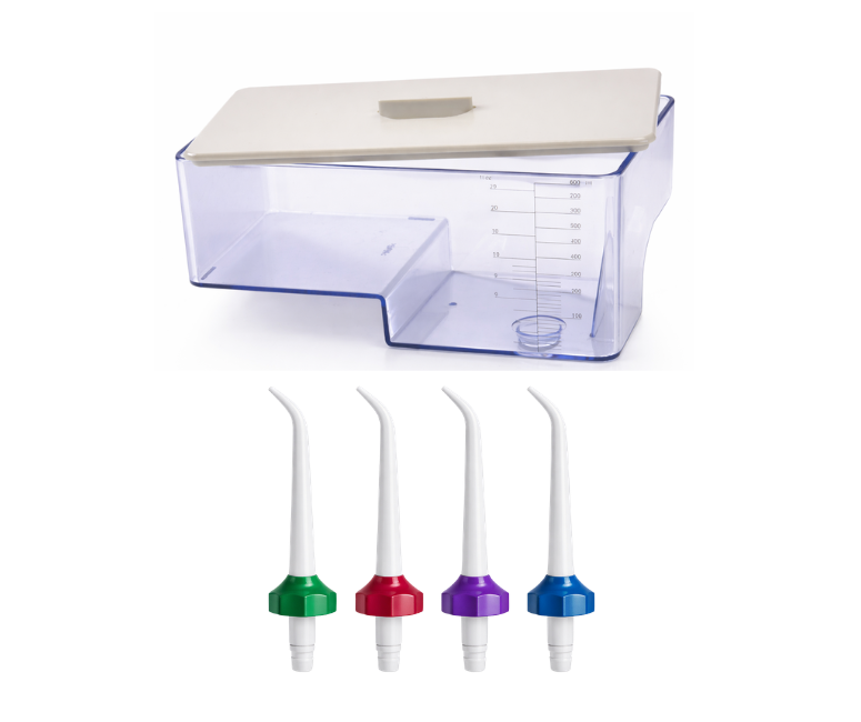 Hydro Floss reservoir with lid and 4 everday tips