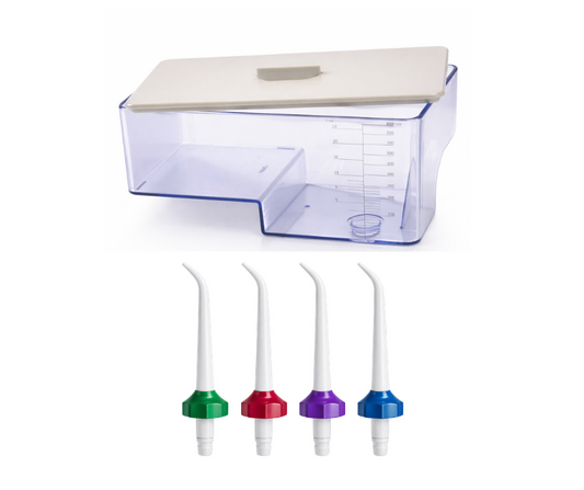 Hydro Floss reservoir with lid and 4 everday tips