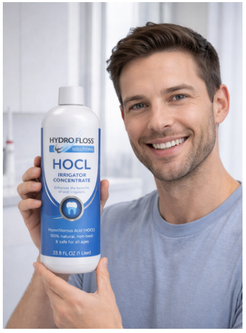 Man holding a bottle of Hydro Floss Solutions HOCI Irrigator Concentrate against a white background