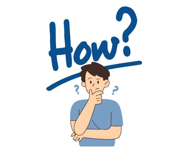 Illustration of a person thinking with 'How?' above their head on a white background
